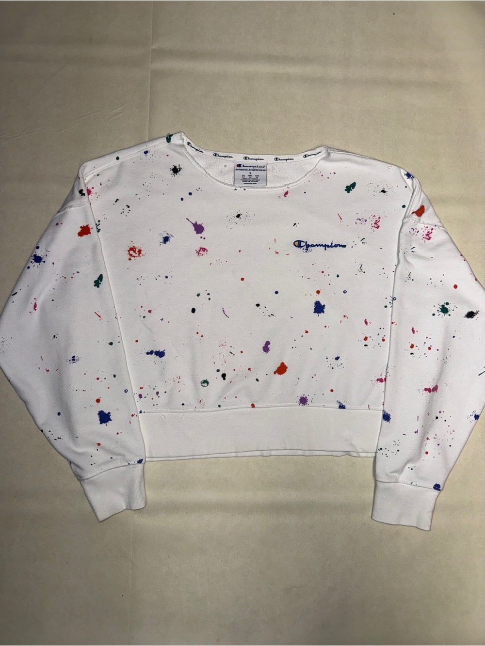 Champion White Cropped Crewneck with Multicolor Paint Splatter